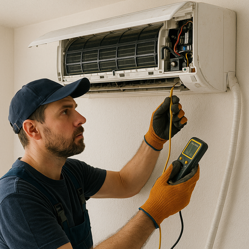 AC technician repairing outdoor unit
