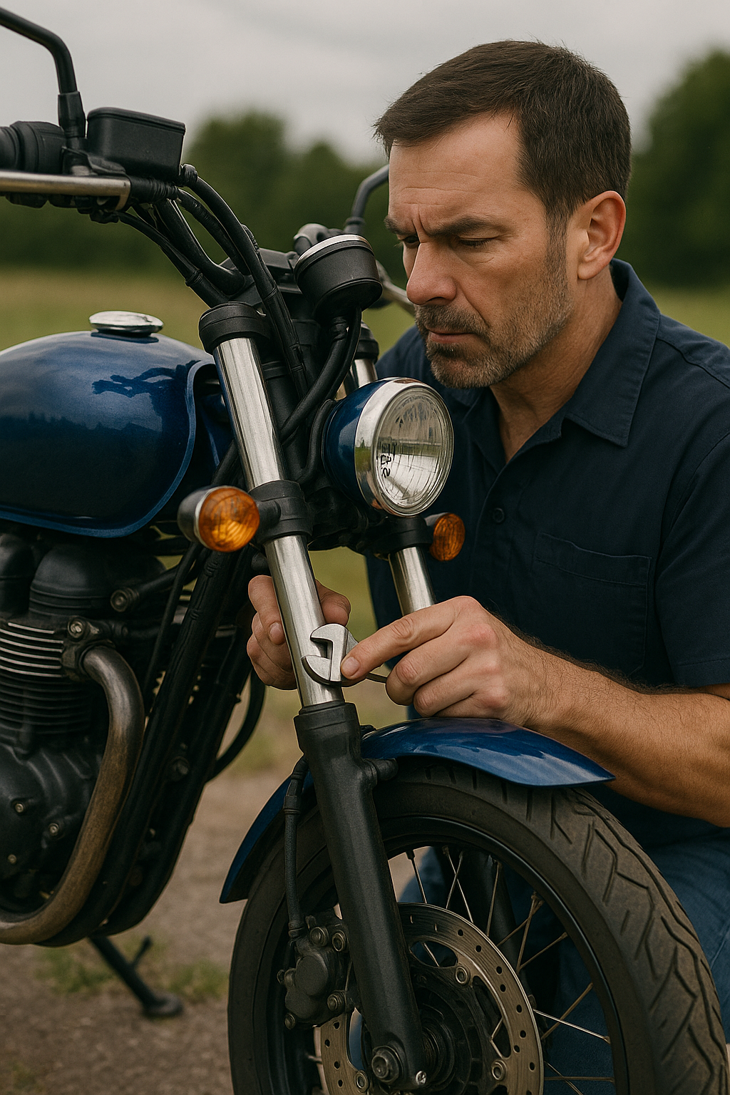 Motorcycle suspension service in workshop