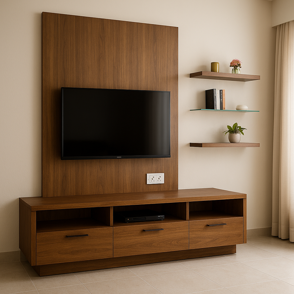 Living room TV unit with wall panelling