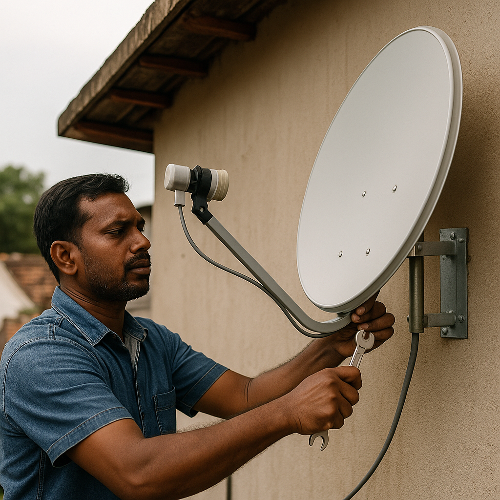 Technician aligning satellite dish