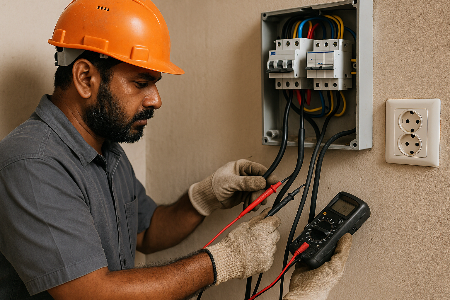 Electrician diagnosing power issues with multimeter
