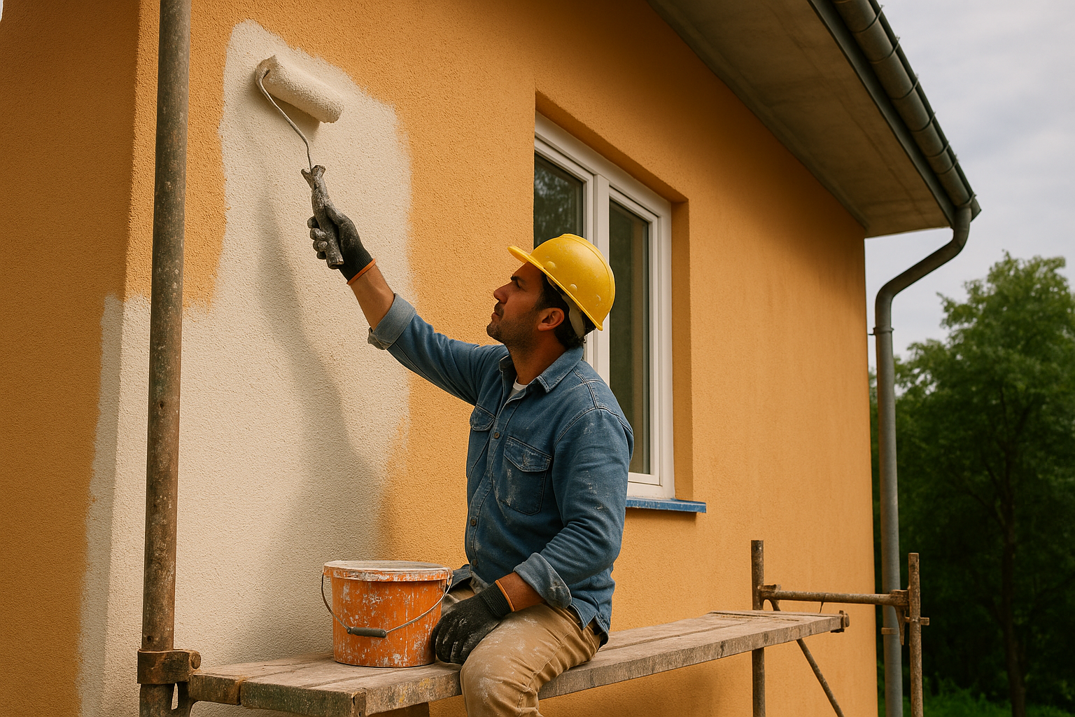 Exterior wall painting on scaffolding