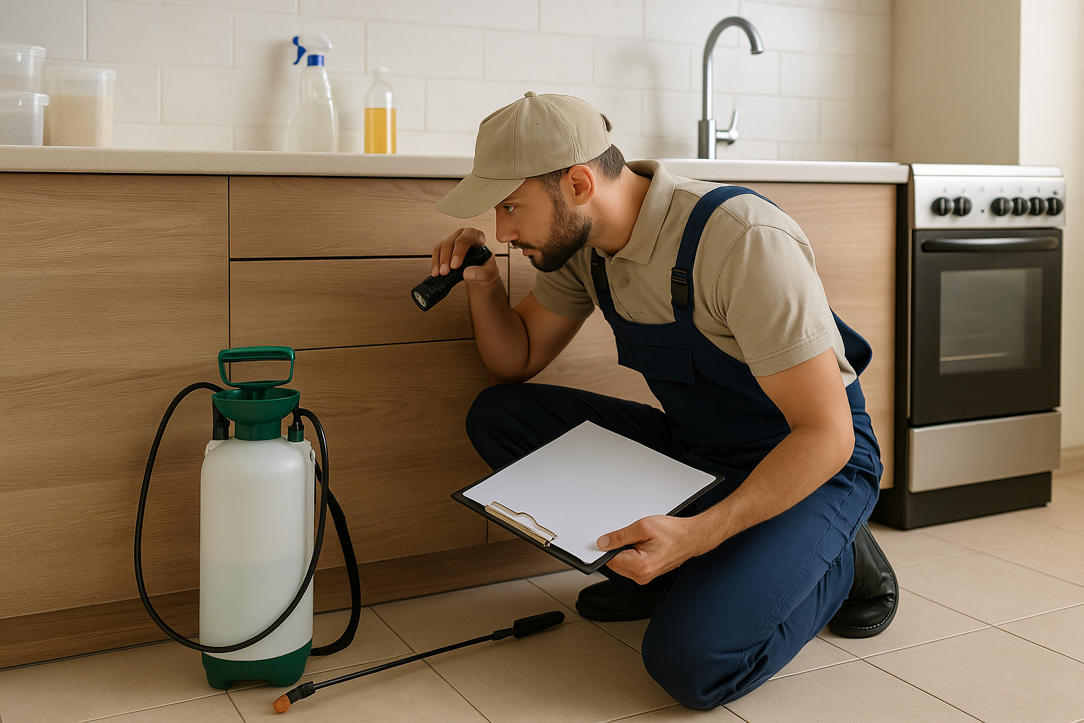 Pest control technician inspecting kitchen area