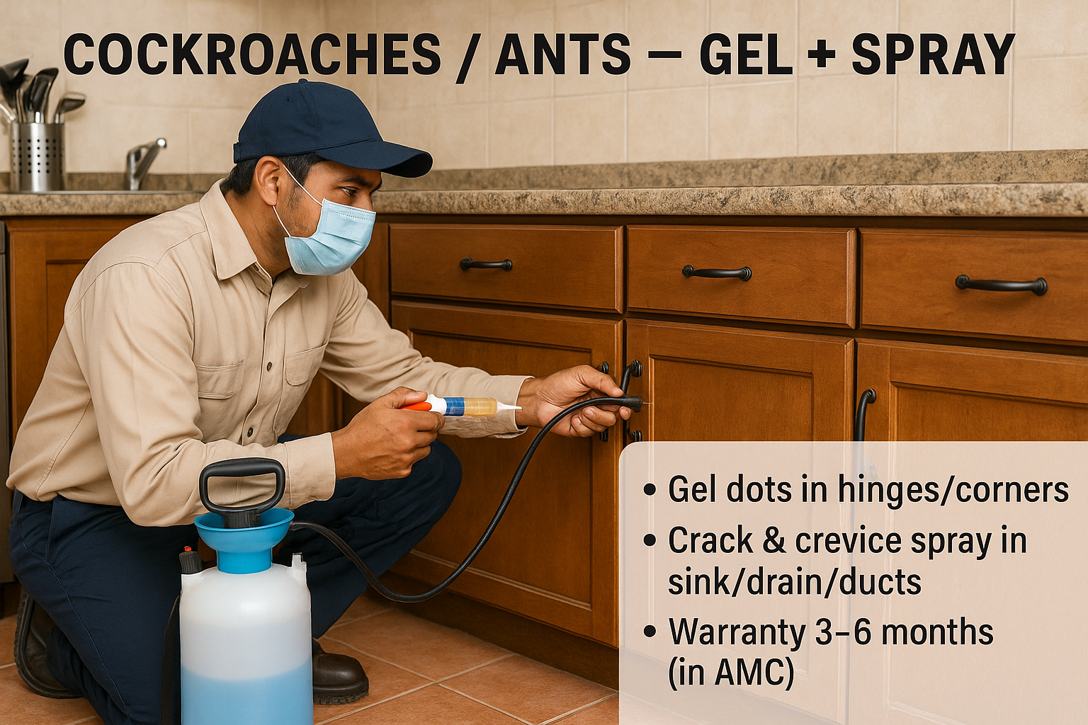 Gel and spray cockroach control in kitchen