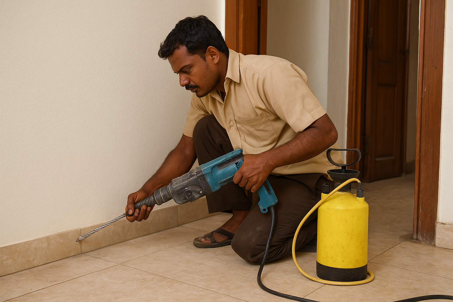 Termite drilling and chemical injection along wall skirting