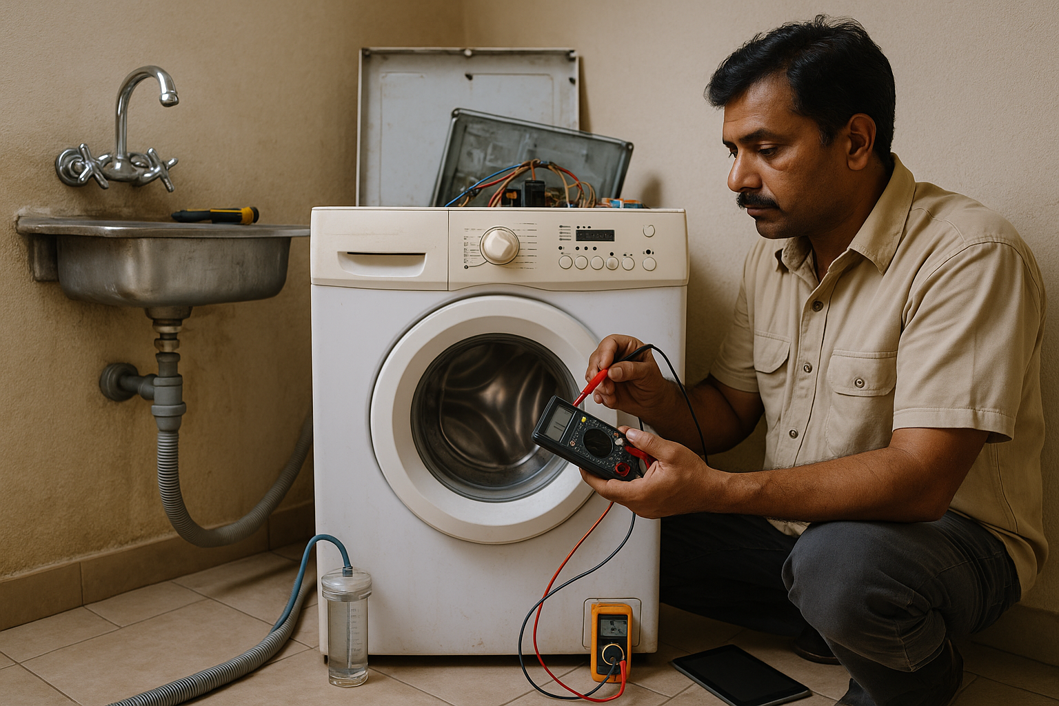 Technician diagnosing washing machine