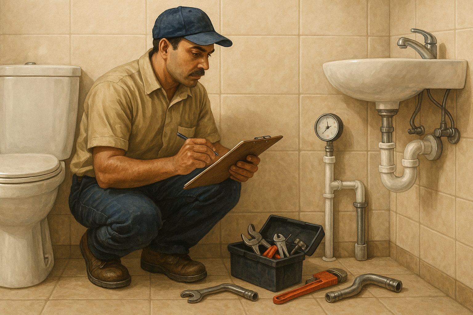 Plumber inspecting sink and pipes