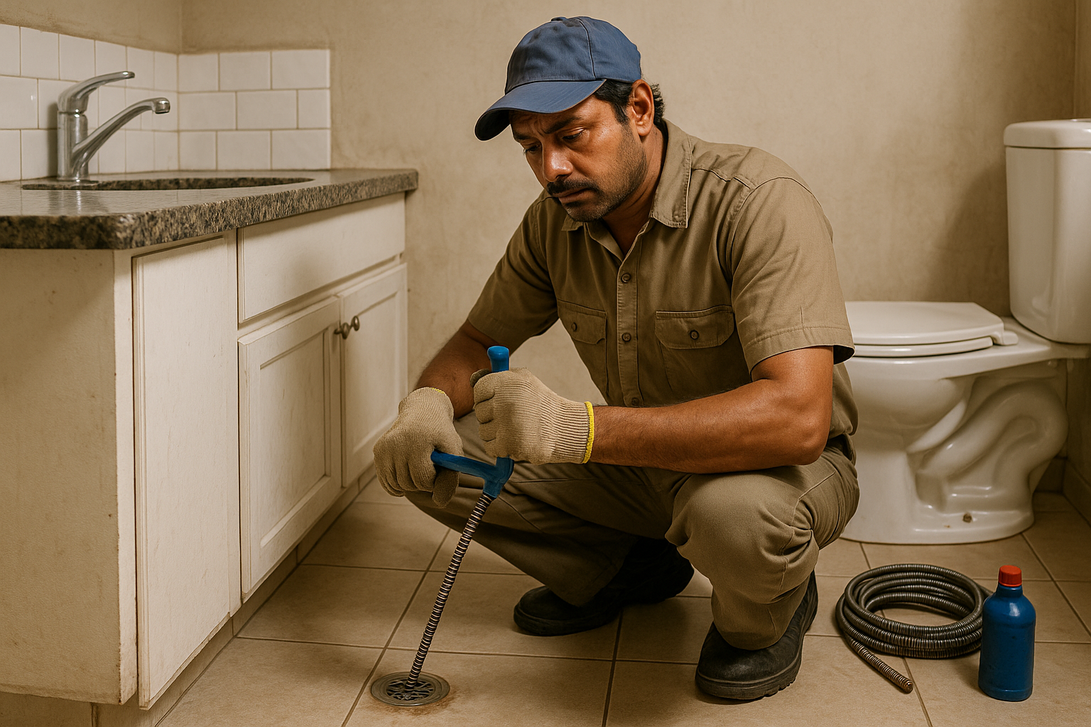 Drain unclogging with auger and cleaning
