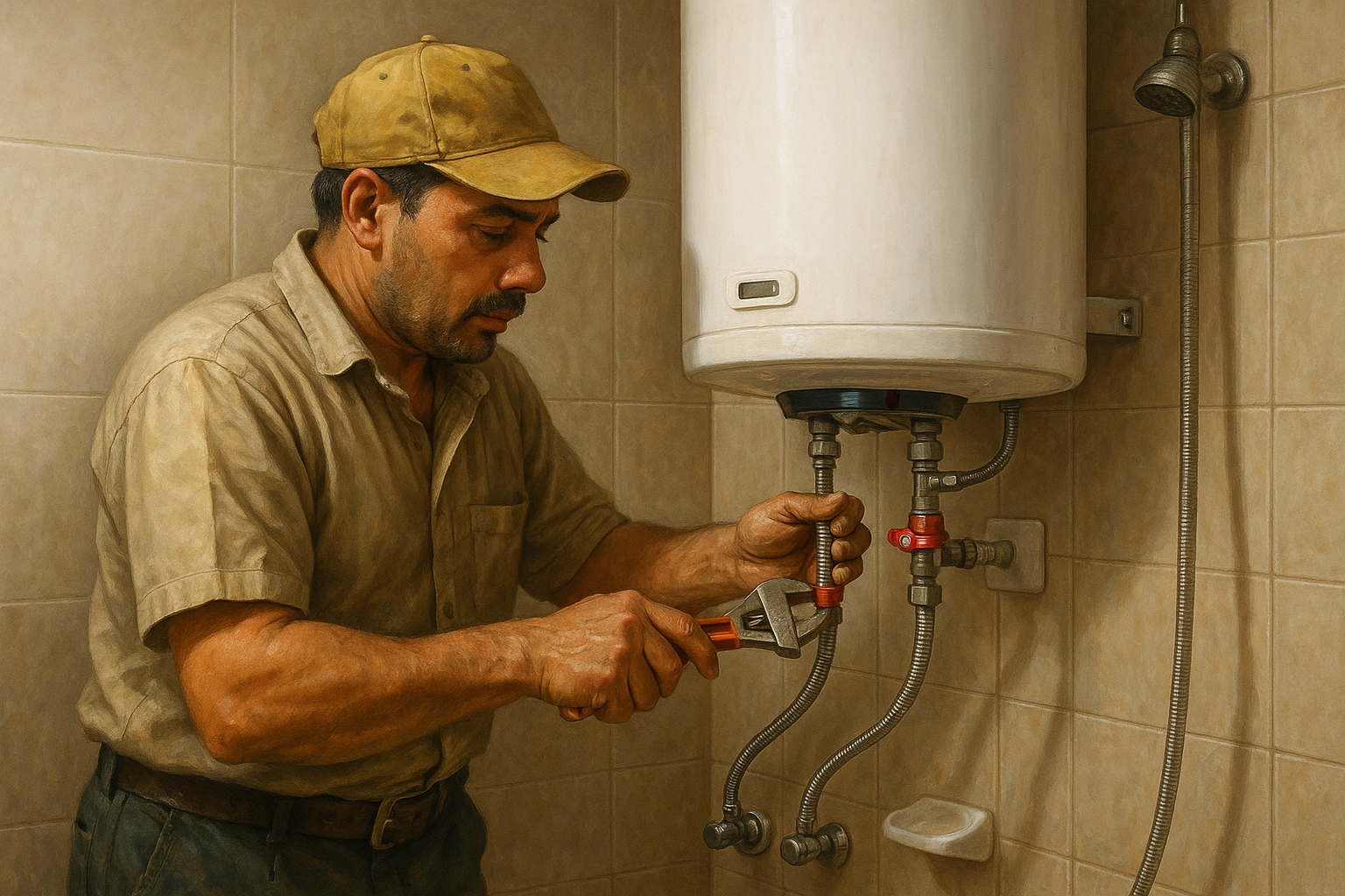 Water heater installation on bathroom wall