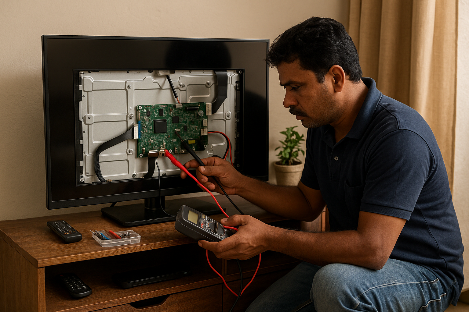 Technician inspecting TV on table